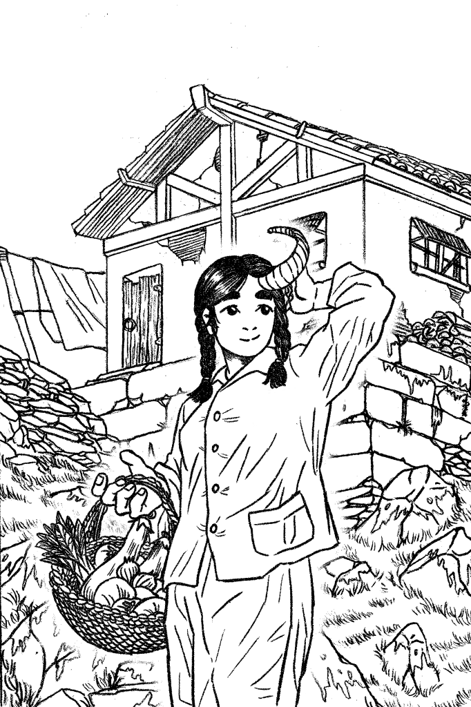 Image: An illustrated self-portrait of Mia Nie, as a young girl sporting a single goat horn. Illustrated by Mia Nie.